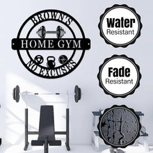 Custom Home Gym Metal Sign with personalized text, dumbbell design, and motivational symbols, laser-cut from premium steel with powder coat finish.