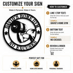 Personalization guide showing how to customize your home gym metal sign with your name and text.