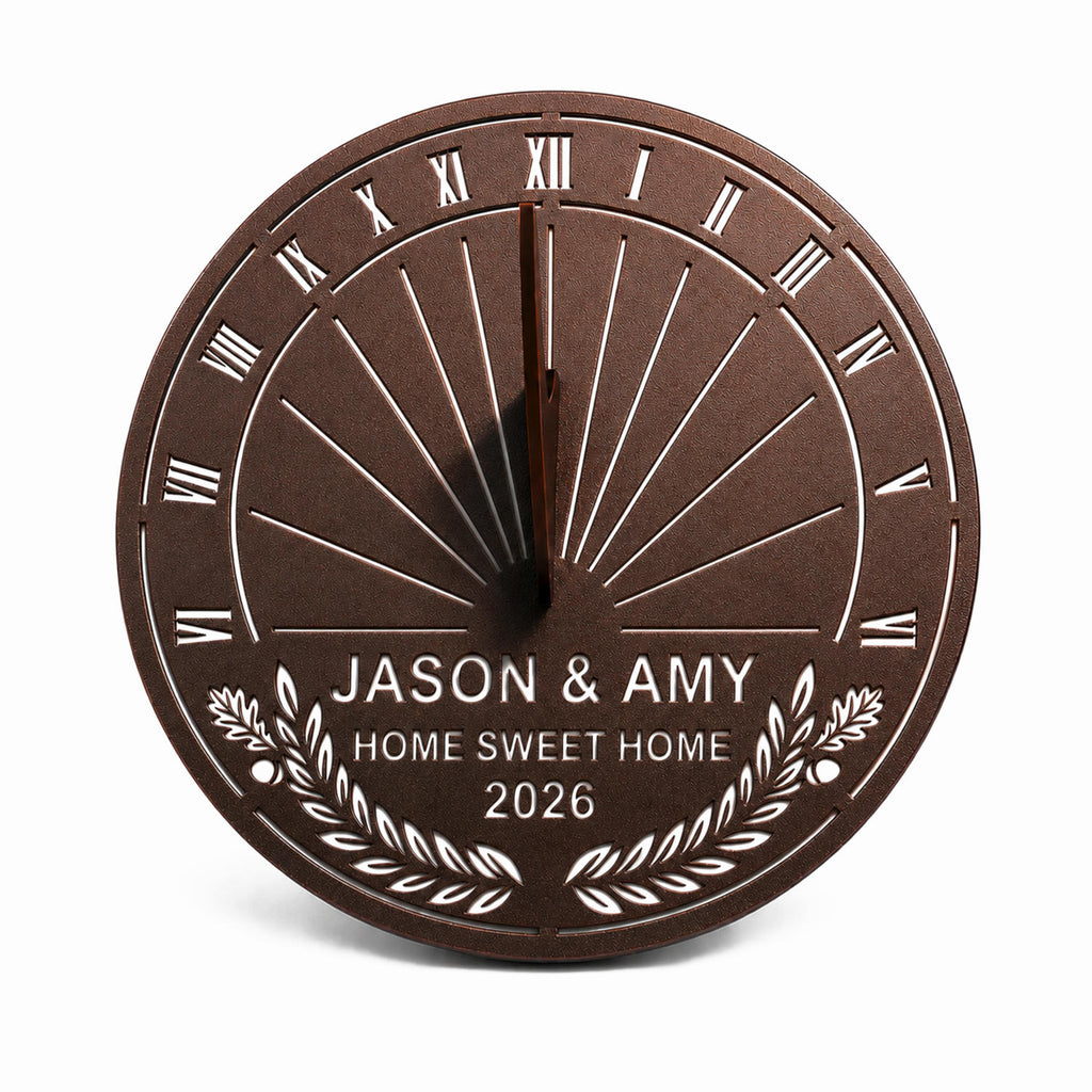 Custom stainless steel housewarming garden sundial in antique bronze finish with personalized names, custom text and year.