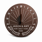 Custom stainless steel housewarming garden sundial in antique bronze finish with personalized names, custom text and year.