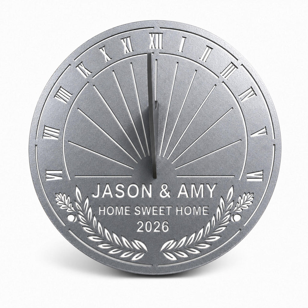 Custom stainless steel housewarming garden sundial in brushed silver finish with personalized family names, custom message and year.