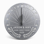 Custom stainless steel housewarming garden sundial in brushed silver finish with personalized family names, custom message and year.