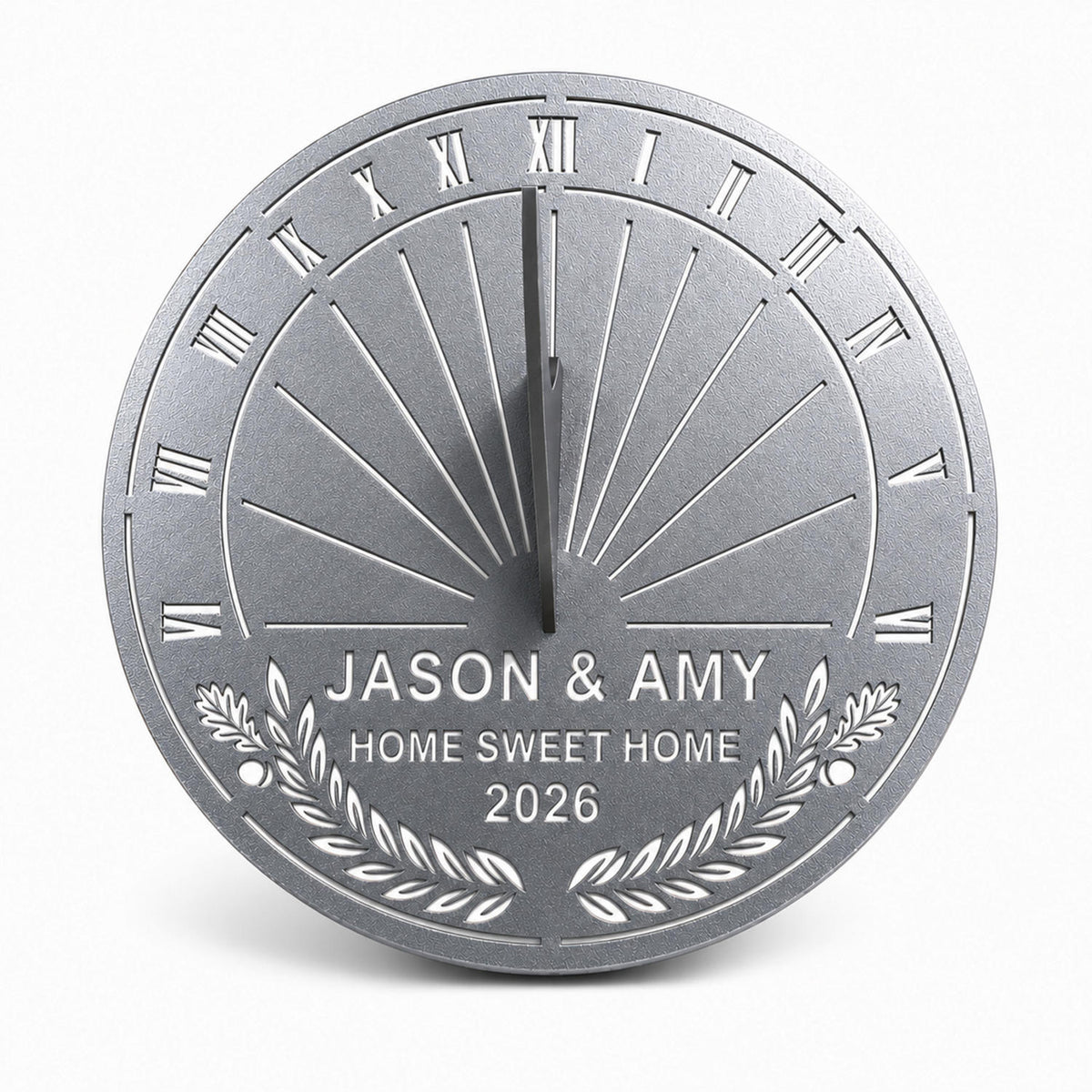 Custom stainless steel housewarming garden sundial in brushed silver finish with personalized family names, custom message and year.
