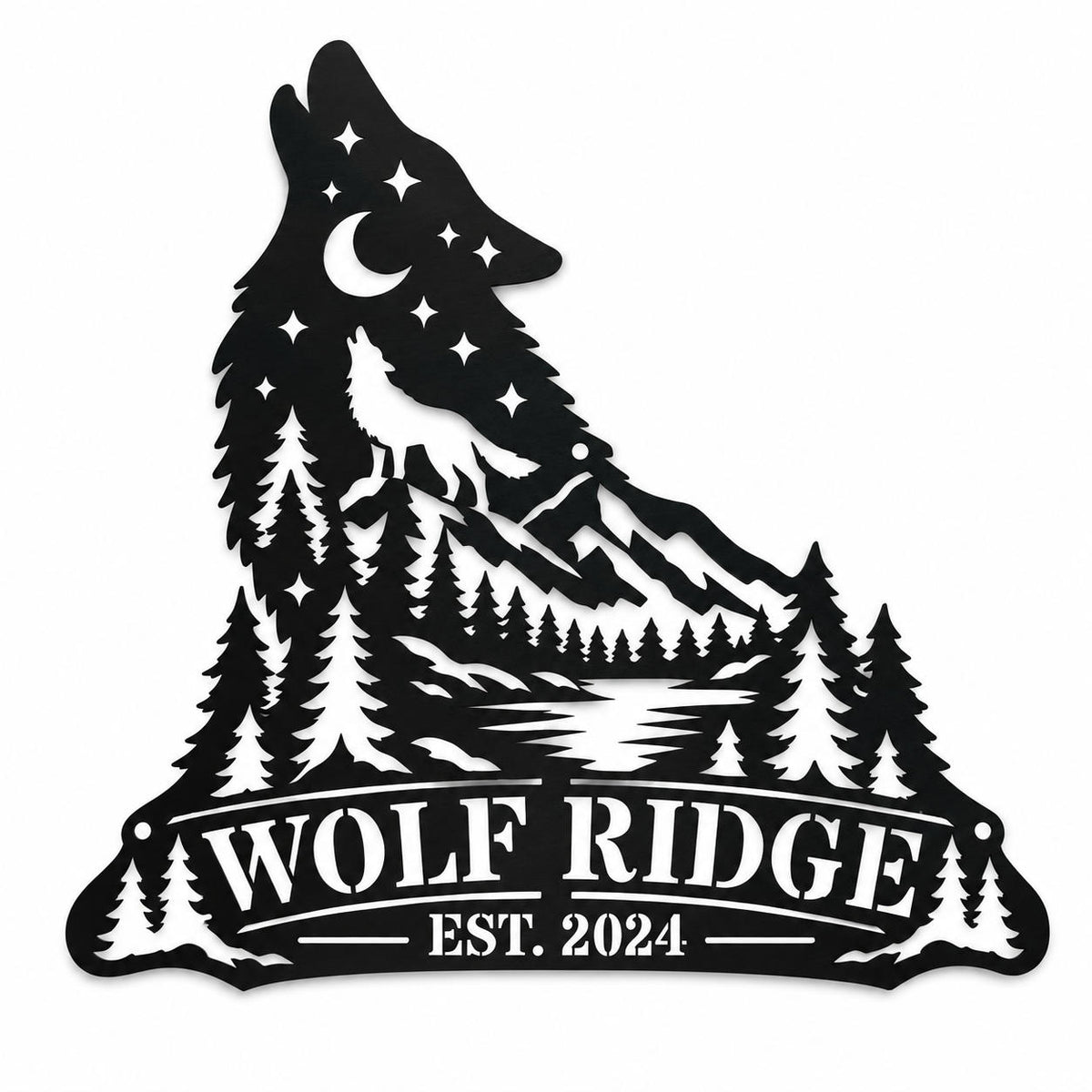 Custom howling wolf metal sign featuring mountains, pine trees, a crescent moon, and personalized WOLF RIDGE text. Main image