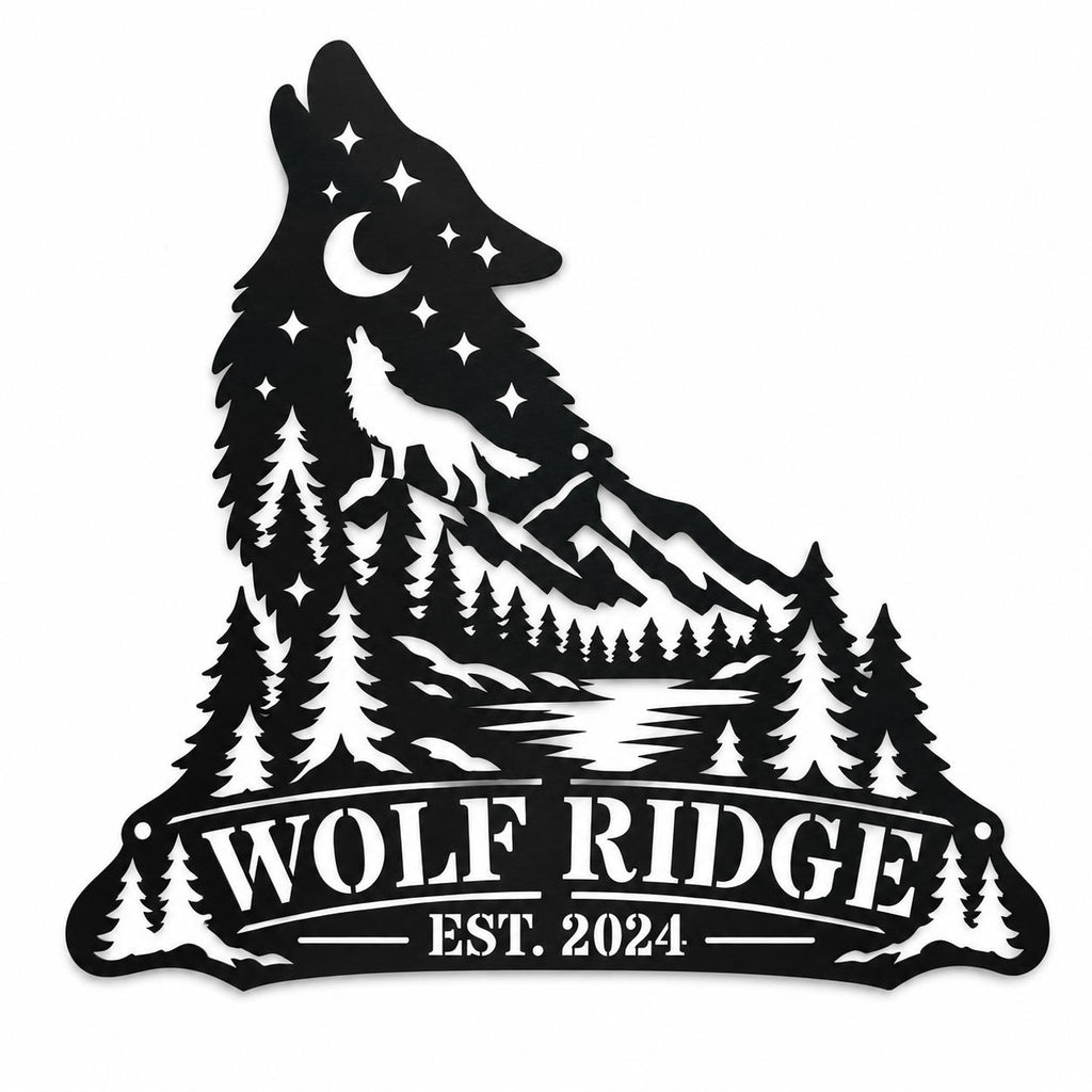 Custom howling wolf metal sign featuring mountains, pine trees, a crescent moon, and personalized WOLF RIDGE text.