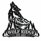 Custom howling wolf metal sign featuring mountains, pine trees, a crescent moon, and personalized WOLF RIDGE text.