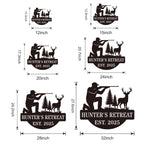Personalized hunter metal sign showing kneeling man with rifle aiming at deer, rustic wall decor for hunting cabin or man cave, custom text and year, powder-coated steel design.