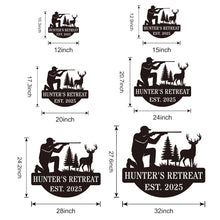 Personalized hunter metal sign showing kneeling man with rifle aiming at deer, rustic wall decor for hunting cabin or man cave, custom text and year, powder-coated steel design.
