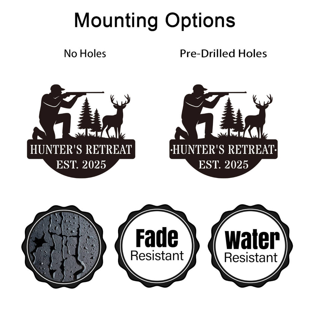 Personalized hunter metal sign showing kneeling man with rifle aiming at deer, rustic wall decor for hunting cabin or man cave, custom text and year, powder-coated steel design.