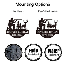 Personalized hunter metal sign showing kneeling man with rifle aiming at deer, rustic wall decor for hunting cabin or man cave, custom text and year, powder-coated steel design.