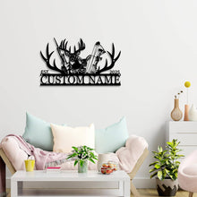 Customizable black metal sign featuring a laser-cut design with a buck and a doe, rifle, bow, and antlers, with 