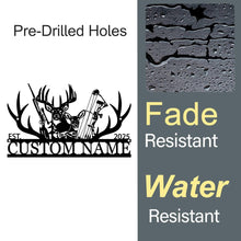 Customizable black metal sign featuring a laser-cut design with a buck and a doe, rifle, bow, and antlers, with 