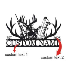 Customizable black metal sign featuring a laser-cut design with a buck and a doe, rifle, bow, and antlers, with 