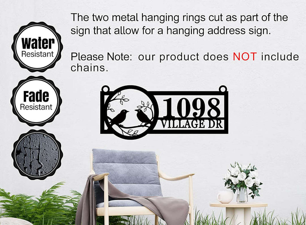 Custom metal address sign with birds, address, hanging outdoor house plaque