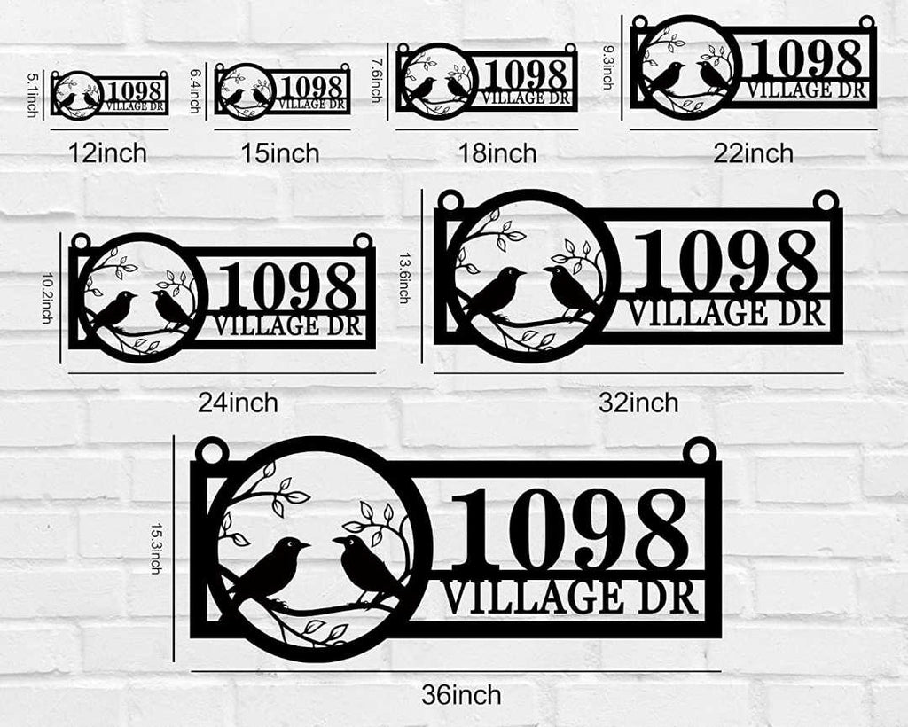 Custom metal address sign with birds, address, hanging outdoor house plaque
