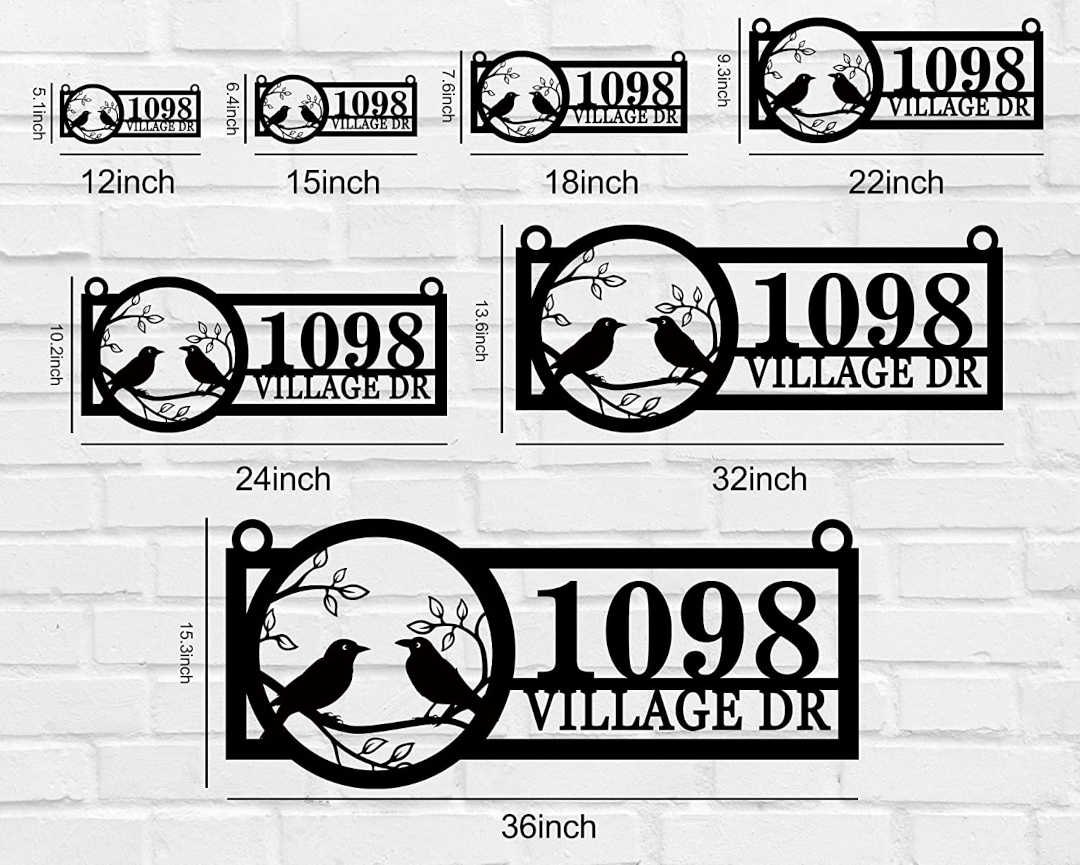 Custom metal address sign with birds, address, hanging outdoor house plaque