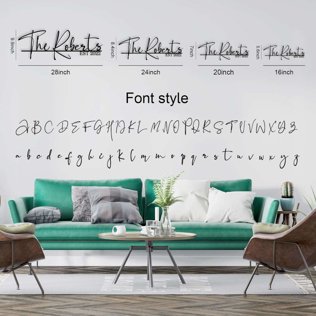 Custom metal sign featuring "The Roberts EST 2022" in black script font, laser cut from steel and powder-coated, personalized wall décor for family or wedding gift