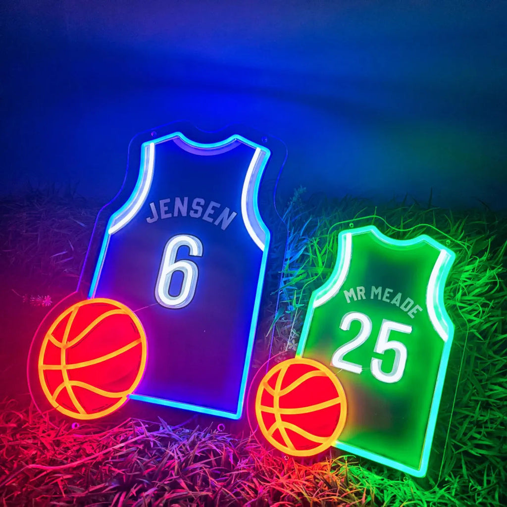 Custom basketball jersey neon sign with personalized name and number in bright LED lights.