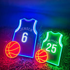 Custom basketball jersey neon sign with personalized name and number in bright LED lights.