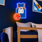 Custom basketball jersey neon sign with personalized name and number in bright LED lights.