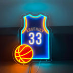Custom basketball jersey neon sign with personalized name and number in bright LED lights.
