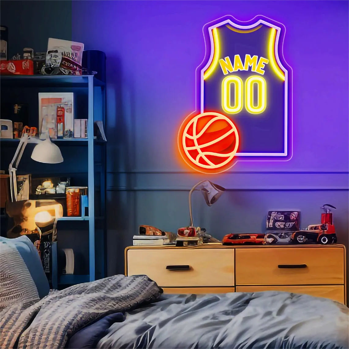 Custom basketball jersey neon sign with personalized name and number in bright LED lights.