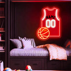 Custom basketball jersey neon sign with personalized name and number in bright LED lights.