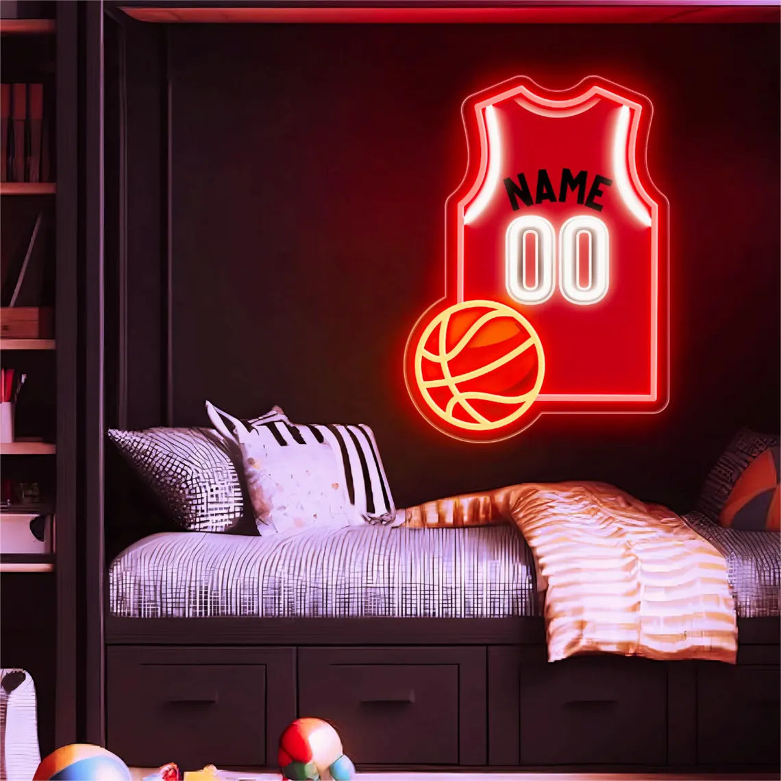 Custom basketball jersey neon sign with personalized name and number in bright LED lights.