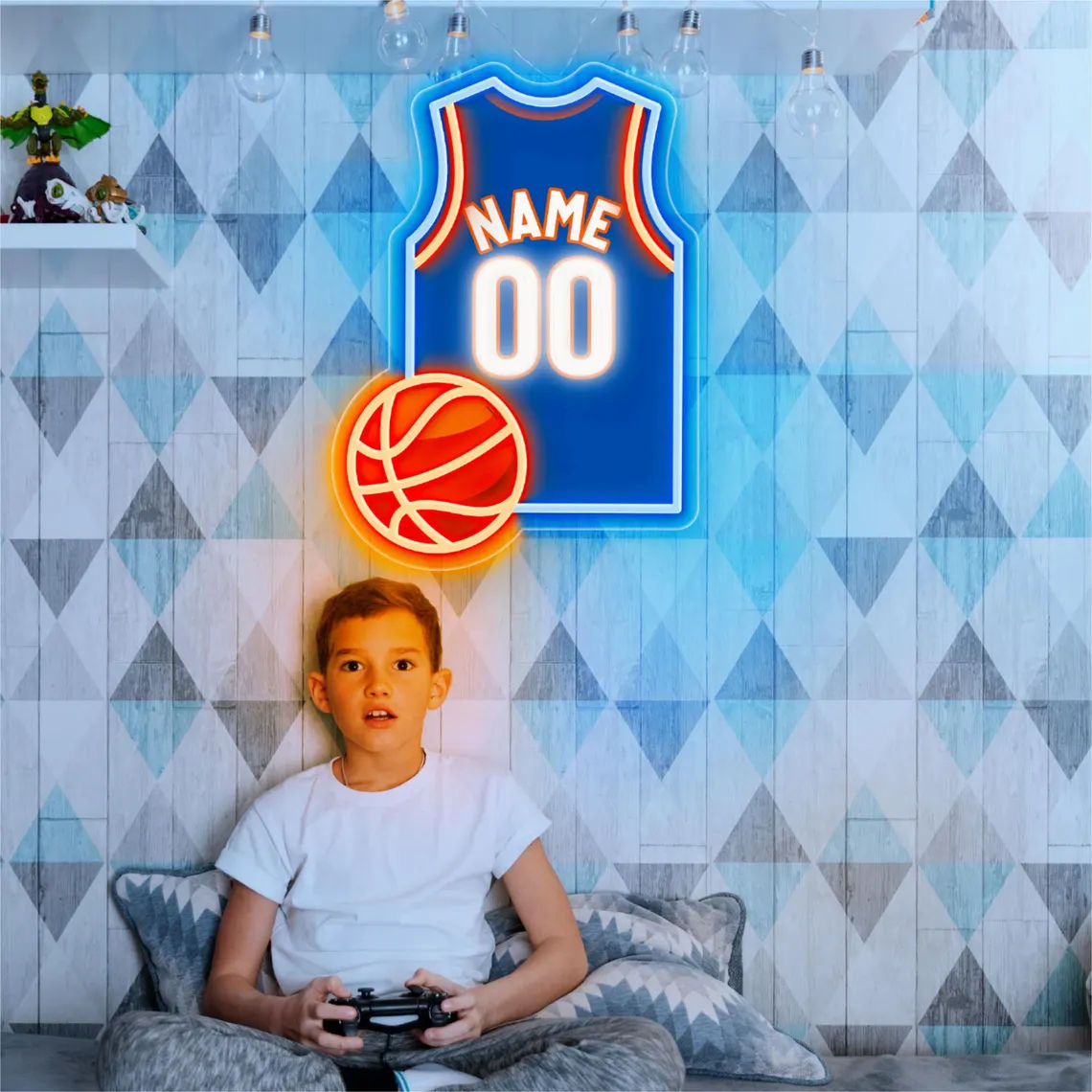 Custom basketball jersey neon sign with personalized name and number in bright LED lights.
