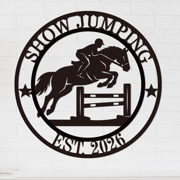 Custom jumping horse metal sign with show jumping silhouette and personalized text, circular equestrian wall art for barns and stables