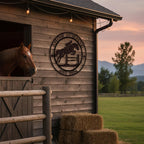 Custom jumping horse metal sign with show jumping silhouette and personalized text, circular equestrian wall art for barns and stables
