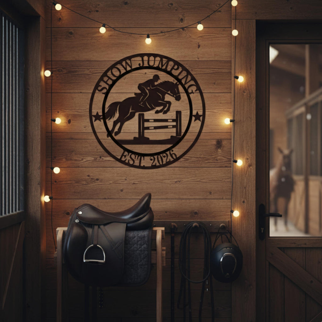 Custom jumping horse metal sign with show jumping silhouette and personalized text, circular equestrian wall art for barns and stables