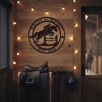 Custom jumping horse metal sign with show jumping silhouette and personalized text, circular equestrian wall art for barns and stables