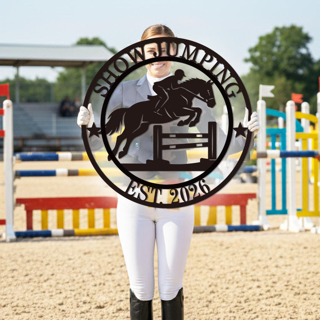 Custom jumping horse metal sign with show jumping silhouette and personalized text, circular equestrian wall art for barns and stables