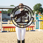 Custom jumping horse metal sign with show jumping silhouette and personalized text, circular equestrian wall art for barns and stables