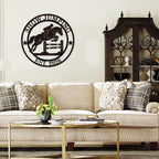 Custom jumping horse metal sign with show jumping silhouette and personalized text, circular equestrian wall art for barns and stables