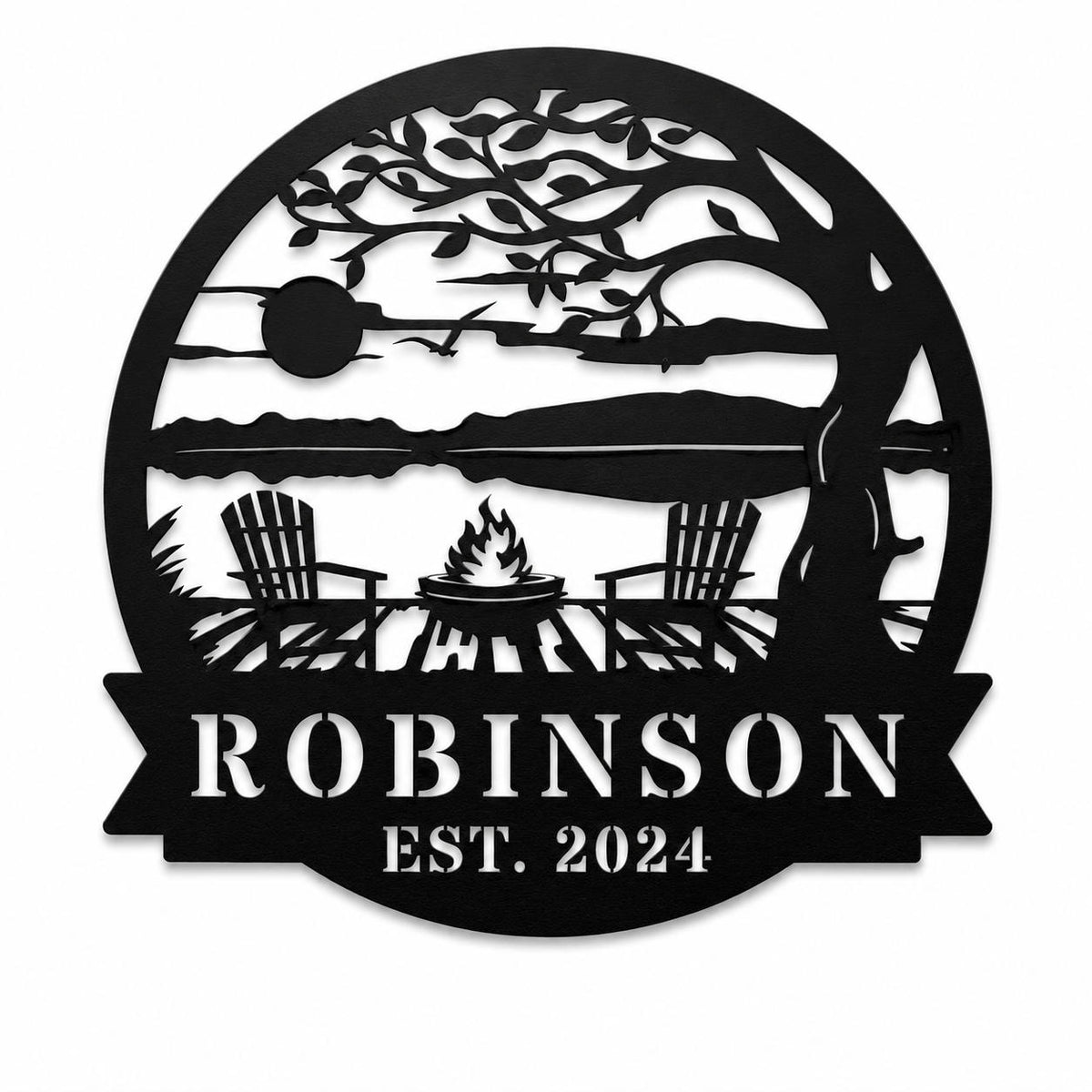 Personalized Robinson lake house metal sign with tree, fire pit and lakeside scene on a clean white background. Main image