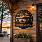 Custom Robinson lake house metal sign mounted on a rustic cabin wall overlooking a peaceful lakeside retreat.