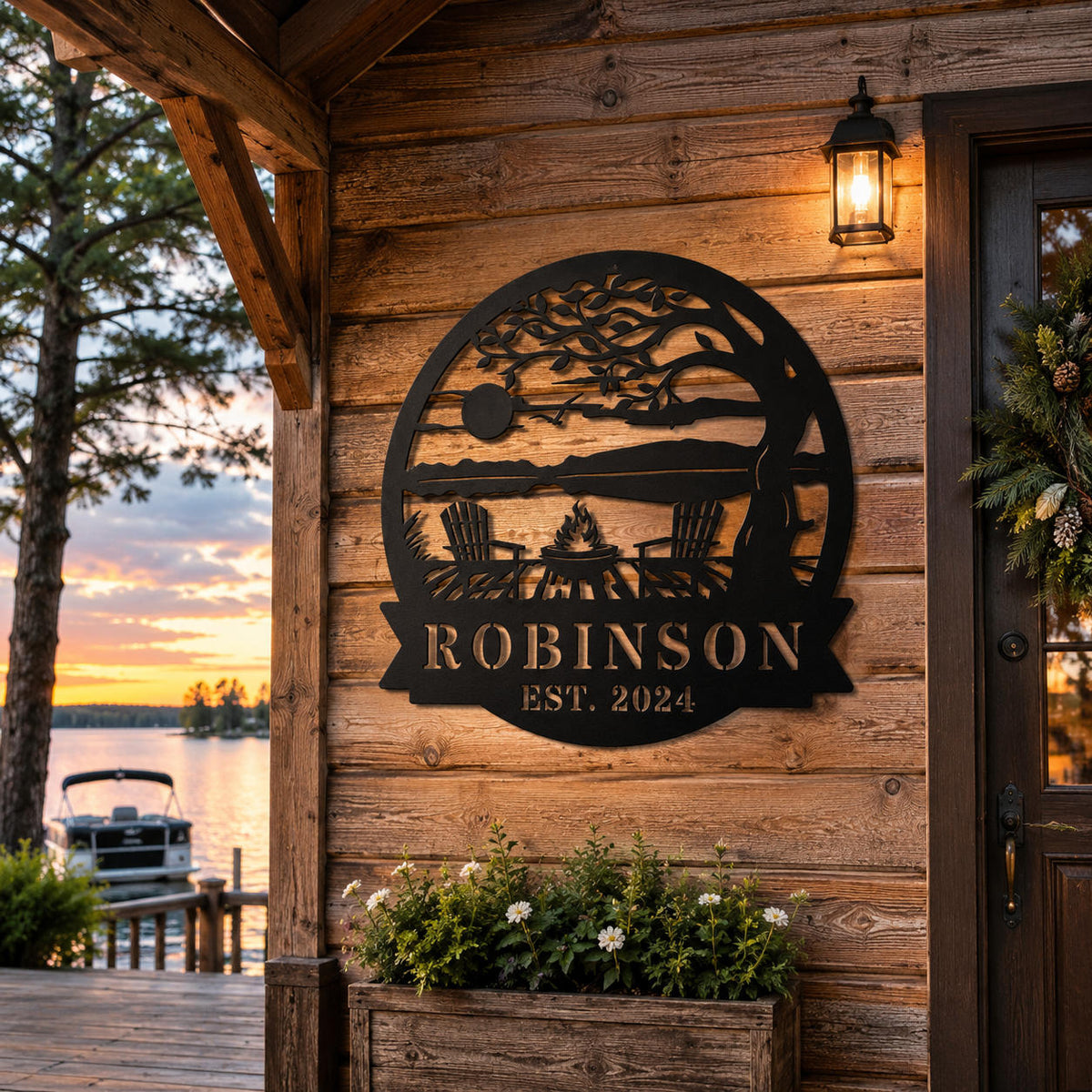 Custom Robinson lake house metal sign mounted on a rustic cabin wall overlooking a peaceful lakeside retreat.
