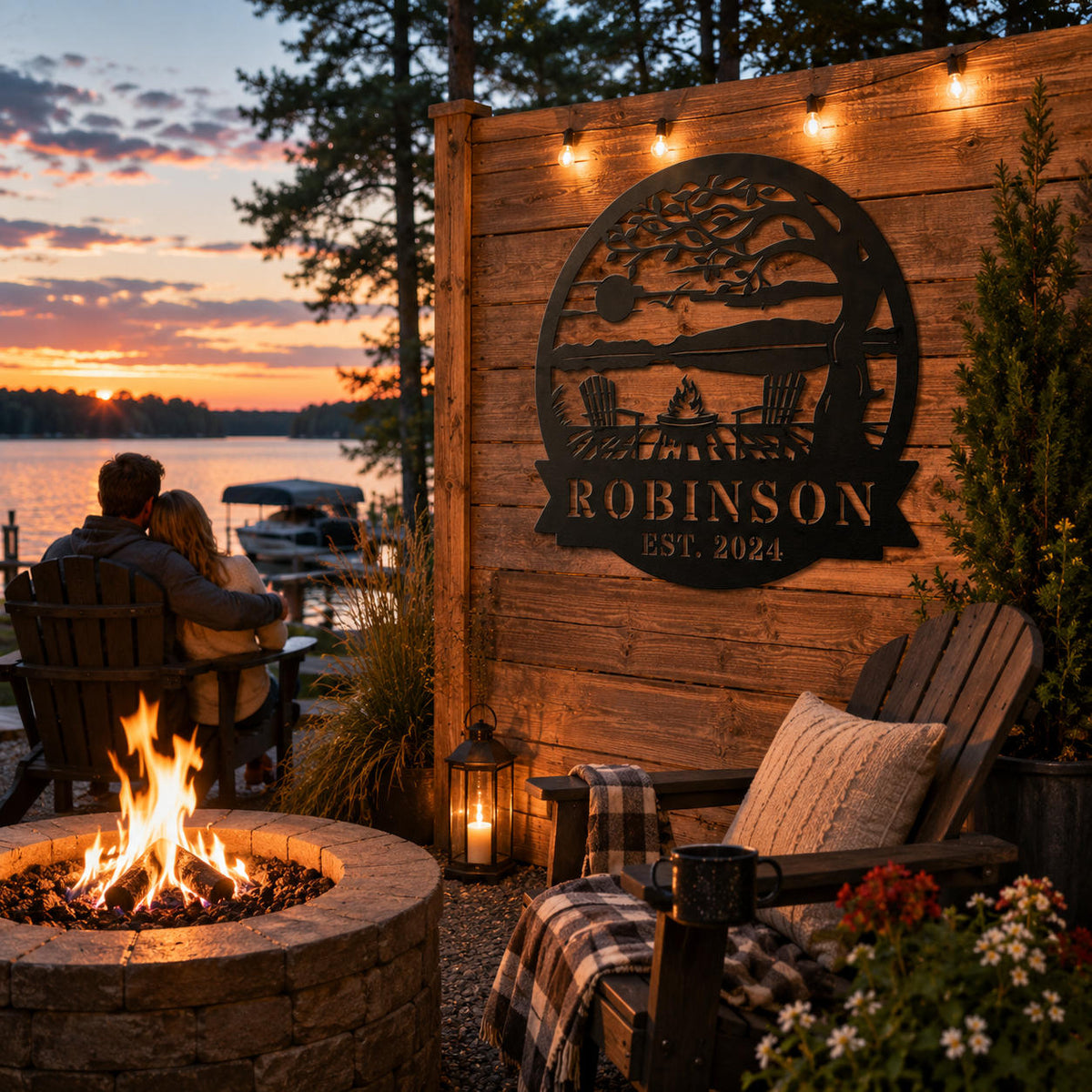 Personalized lake house metal wall art displayed beside a lakeside fire pit with Adirondack chairs at sunset.