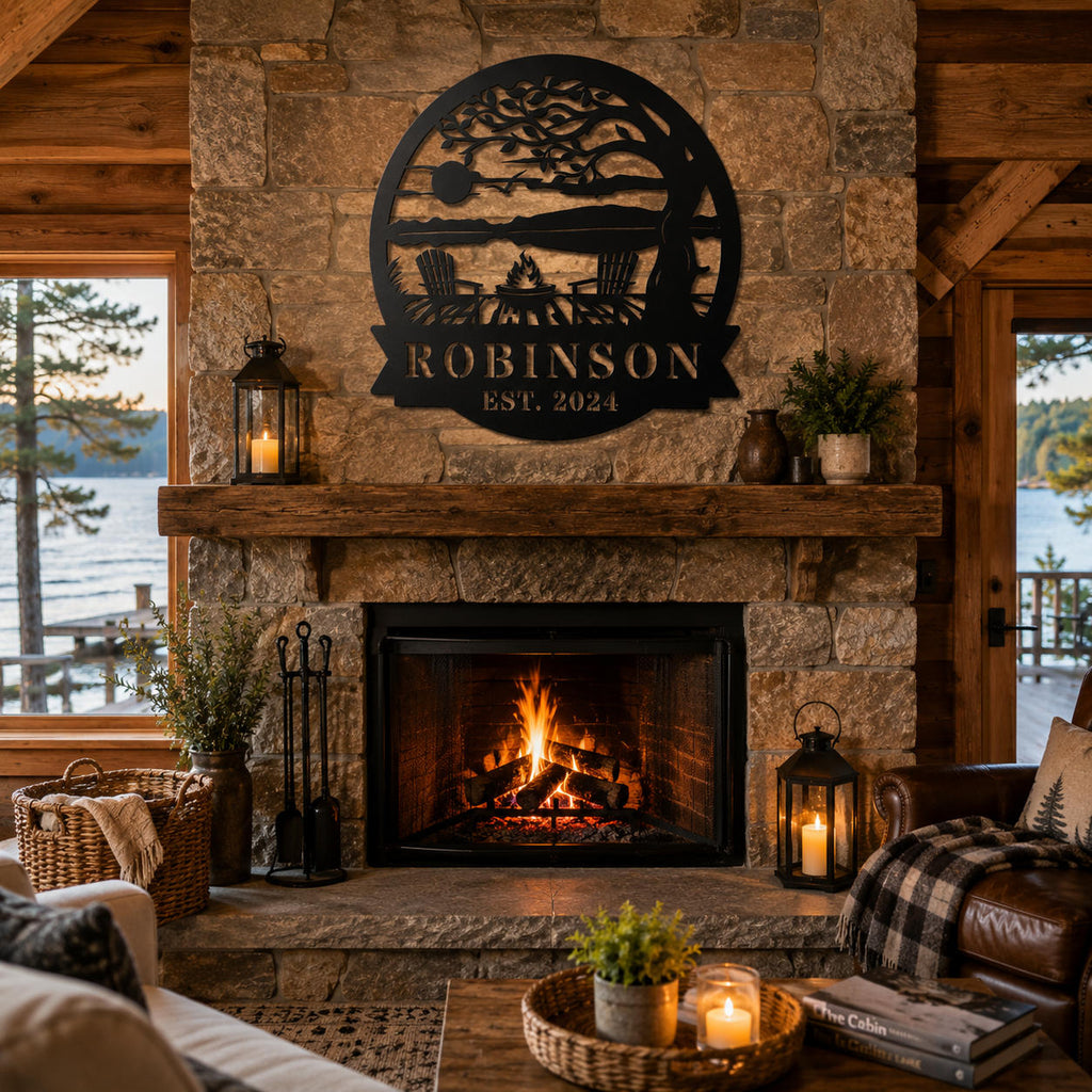 Personalized metal lake scene sign displayed above a rustic stone fireplace in a cozy cabin living room.