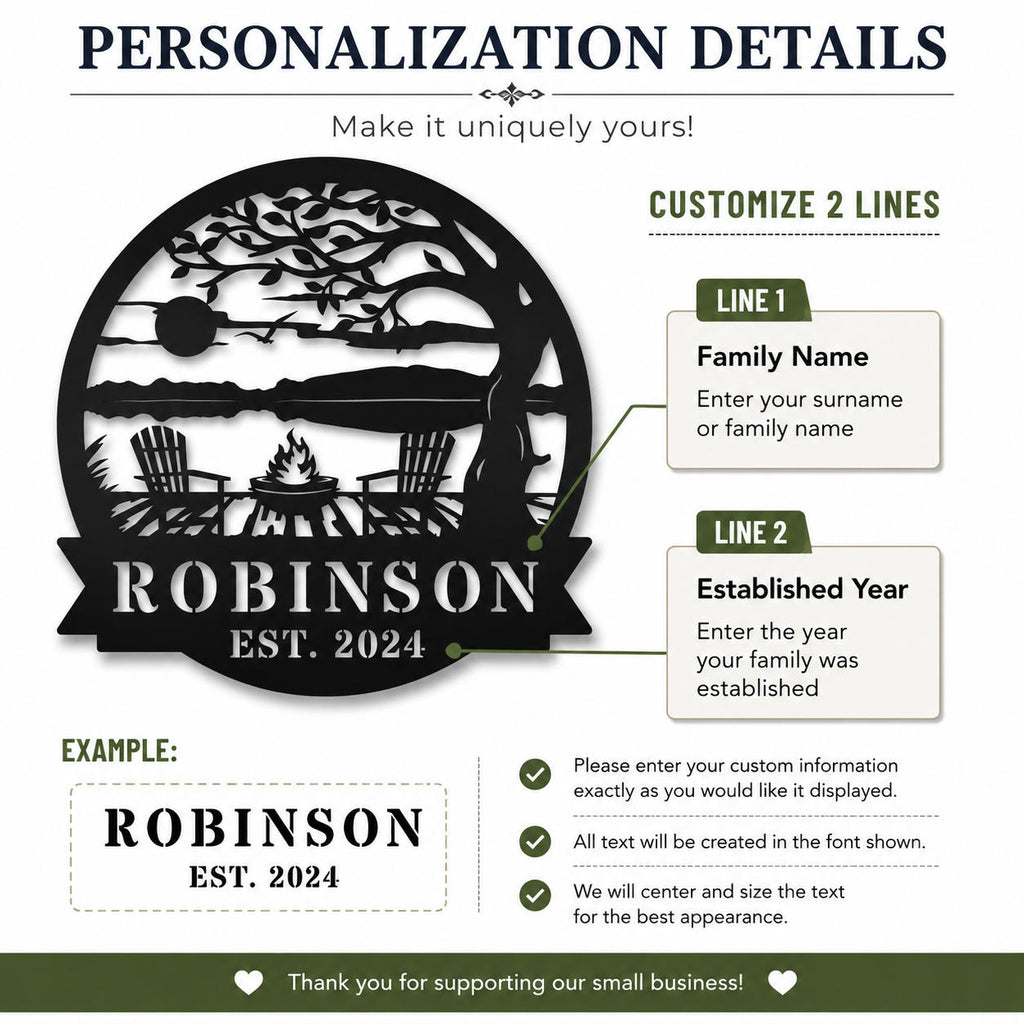 Customization guide showing where to enter a family name and established year for a personalized metal lake house sign.