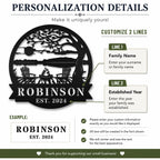 Customization guide showing where to enter a family name and established year for a personalized metal lake house sign.