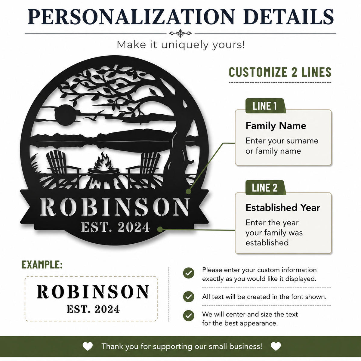 Customization guide showing where to enter a family name and established year for a personalized metal lake house sign.