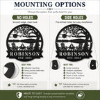 Comparison chart showing no-hole and side-hole mounting options for a personalized metal lake house sign.