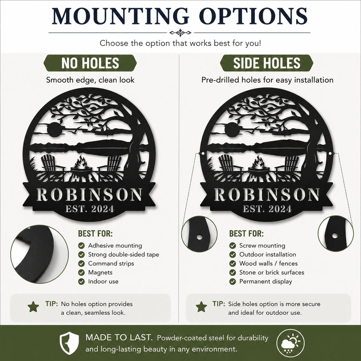 Comparison chart showing no-hole and side-hole mounting options for a personalized metal lake house sign.
