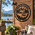 Custom lake house metal wall art displayed on a rustic cabin overlooking a peaceful lake, pine forest and mountains.