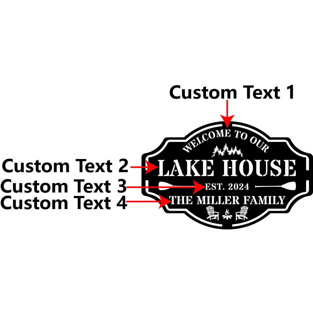 Custom metal lake house sign with family name, trees, paddles, and chairs design, black powder-coated steel, personalized outdoor cabin wall decor.