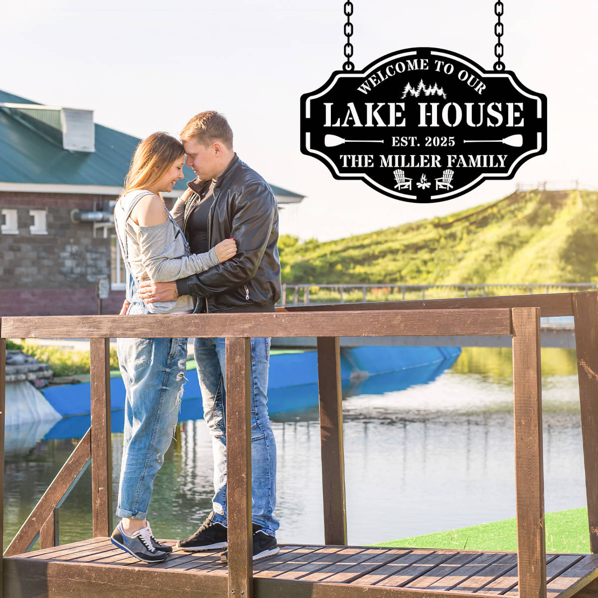 Custom metal lake house sign with family name, trees, paddles, and chairs design, black powder-coated steel, personalized outdoor cabin wall decor.