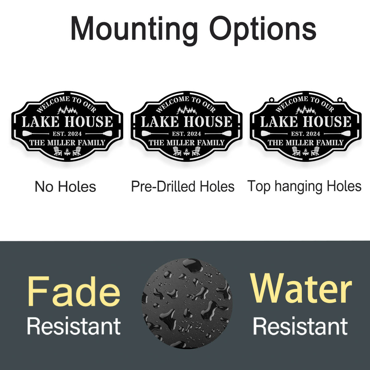 Custom metal lake house sign with family name, trees, paddles, and chairs design, black powder-coated steel, personalized outdoor cabin wall decor.